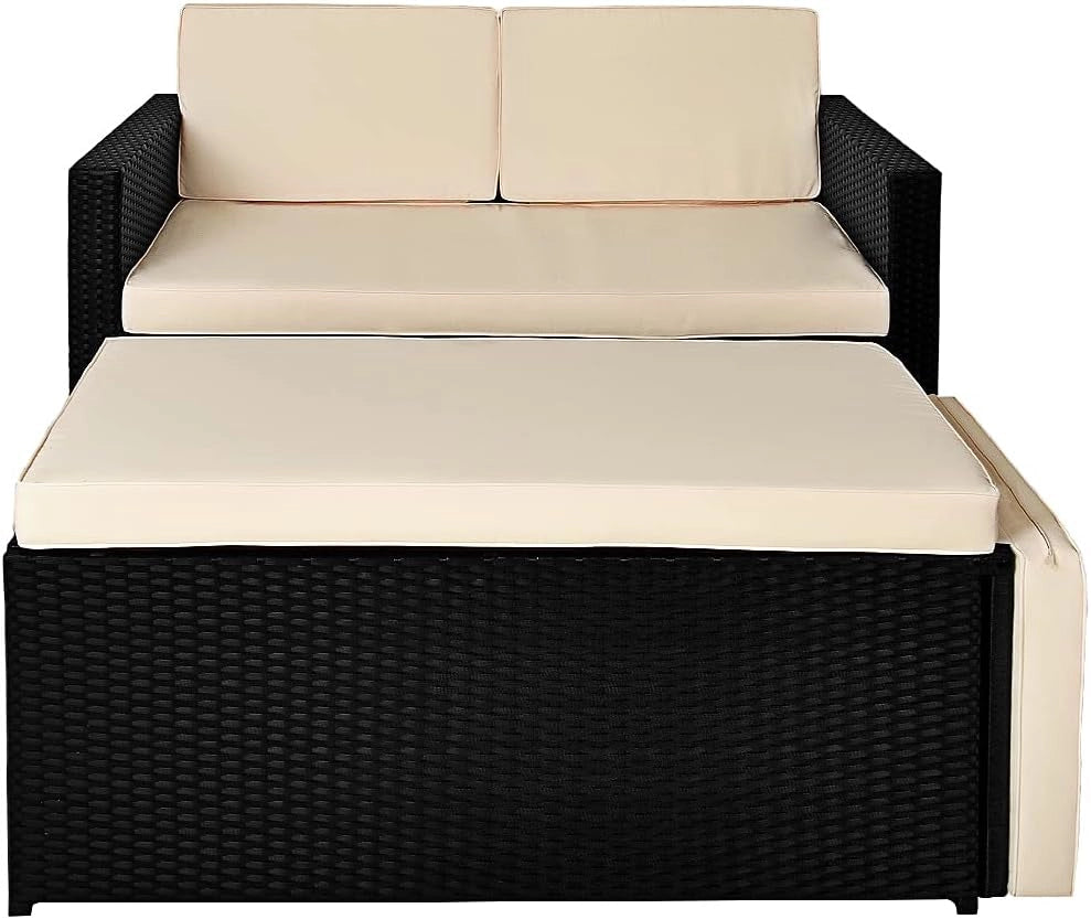 Casaria Divano Lounge 2 Posti Divanetto Nero con Cuscini Panna Pouf Mobile Chaise Longue Mobili Balcone