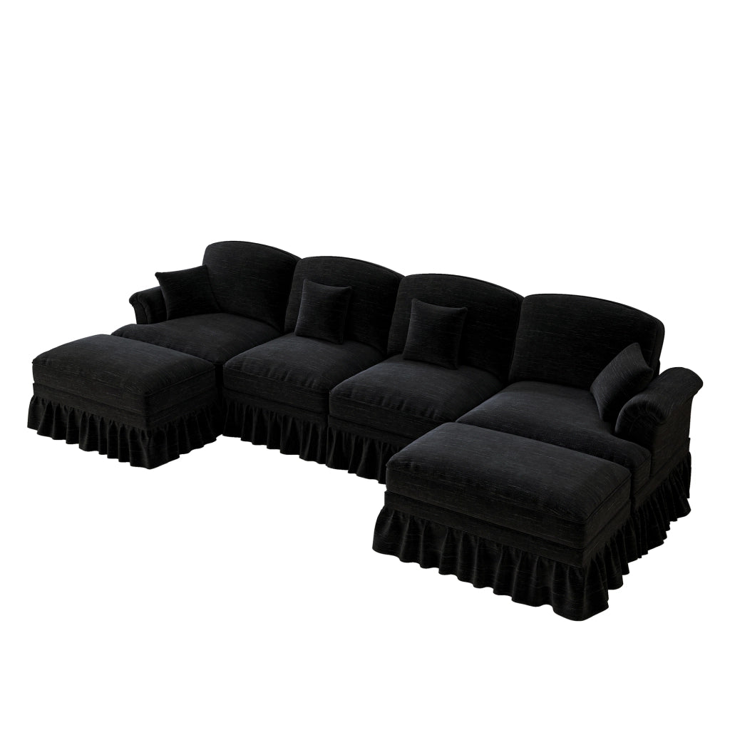 Divano Modulare U 4 Posti in Chenille con Poggiapiedi ¨C Xylo ¨C Nero, Braccioli, Gambe