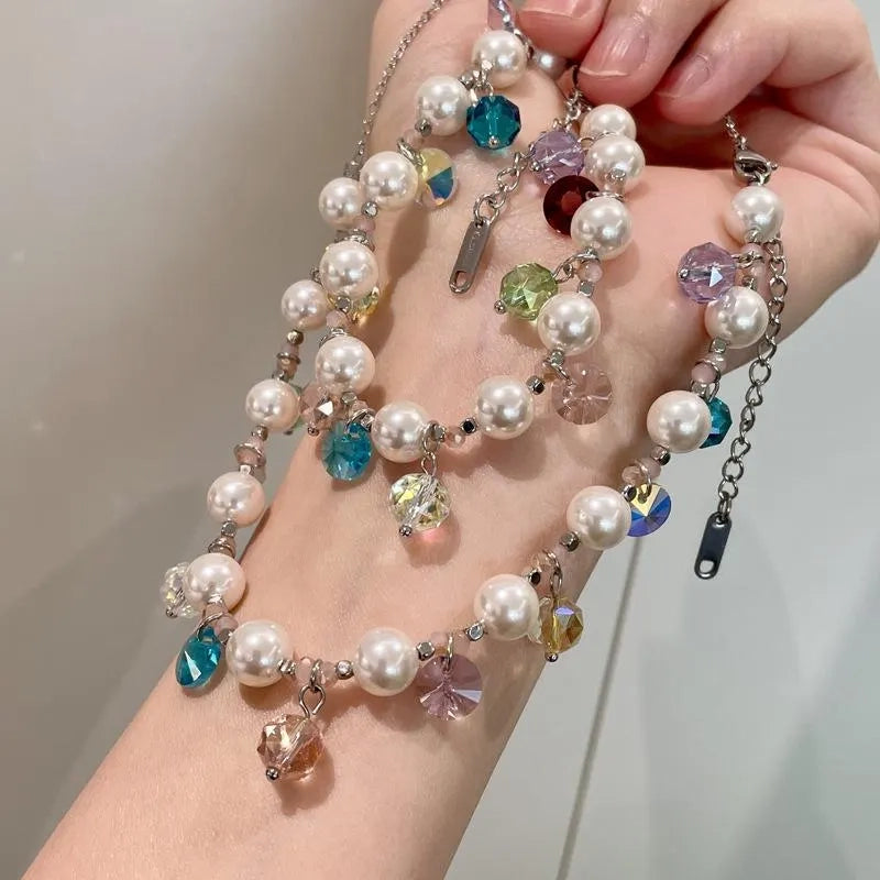 Collana e bracciale fatti a mano con perline colorate, cristalli e perle, regalo di Natale o di compleanno.