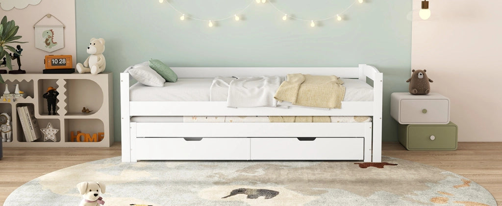 Letto a scomparsa singolo e matrimoniale con letto estraibile, 2 cassetti in MDF, struttura in legno massello bianco