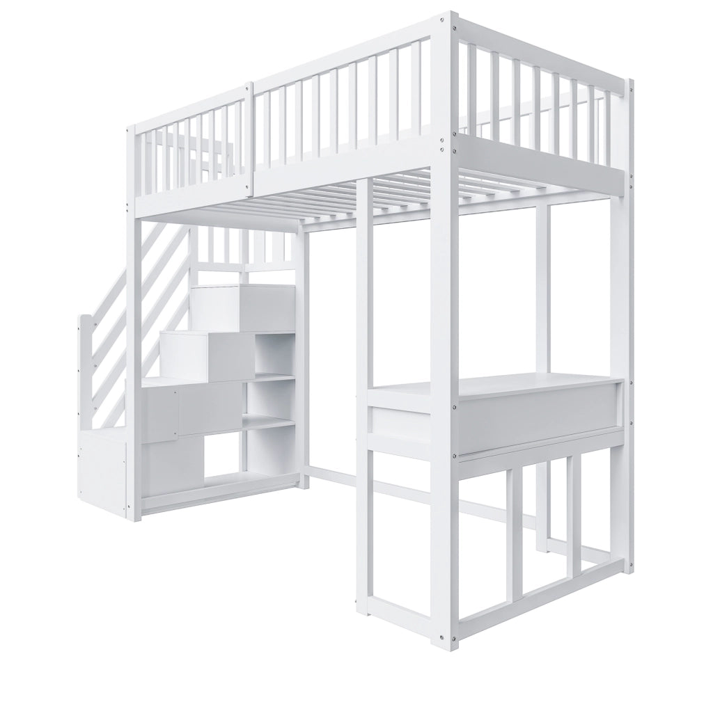 Letto a soppalco 90x200 cm bianco con scrivania e scalini contenitore