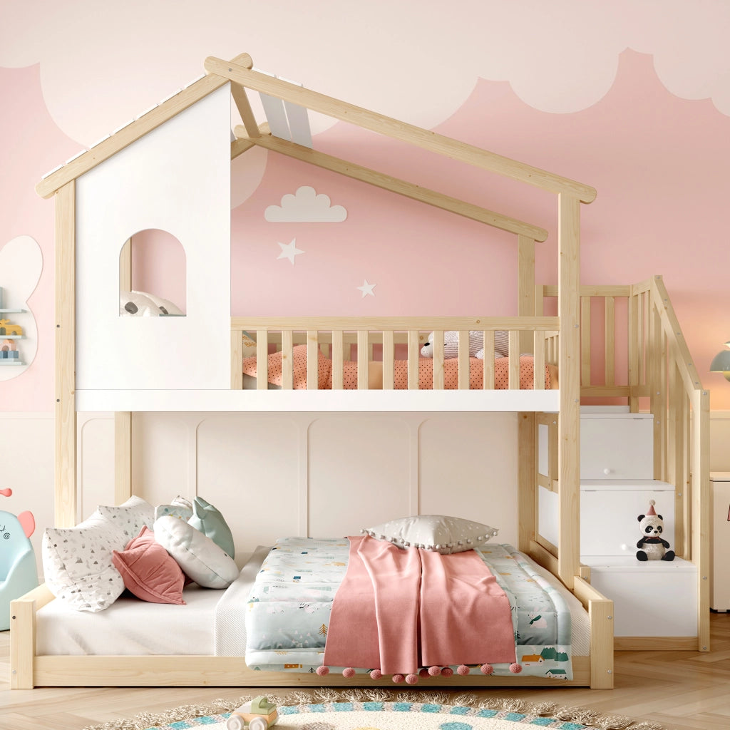 Letto a Castello 90x200 e 140x200 ¨C MINIMAL ¨C Legno Naturale e Bianco con Finestre e Contenitore