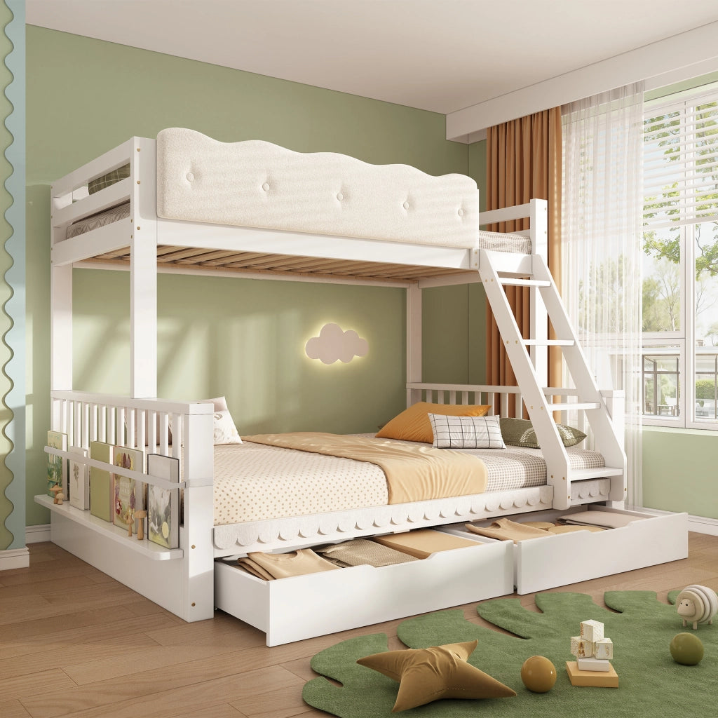 LETTO a castello 90x200/140x200 cm in legno bianco con cassetti e portariviste