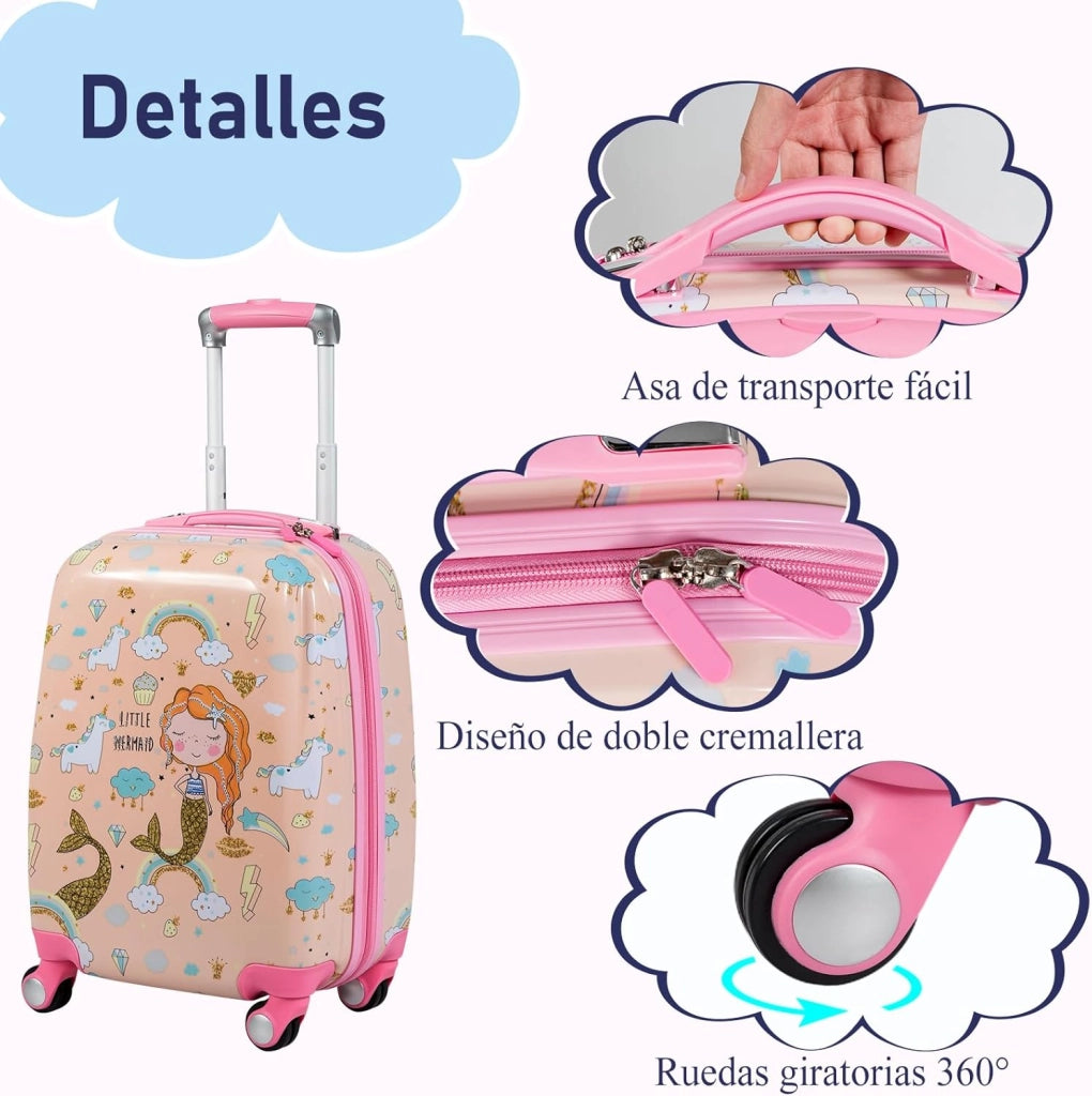 Set di Valigia 18’’ + Zaino 12’’ per Bambini 2 Pezzi, Bagagli 2-in-1 con Zainetto da Viaggio Aereo, Trolley con Maniglia Telescopica e 4 Ruote a 360° (Rosa Sirena)