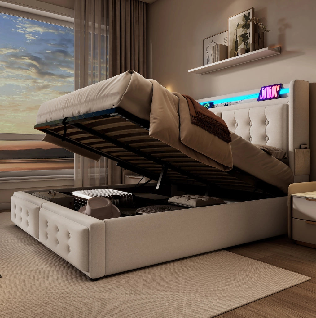 Letto imbottito 160 x 200 cm beige con LED, ricarica integrata e materasso