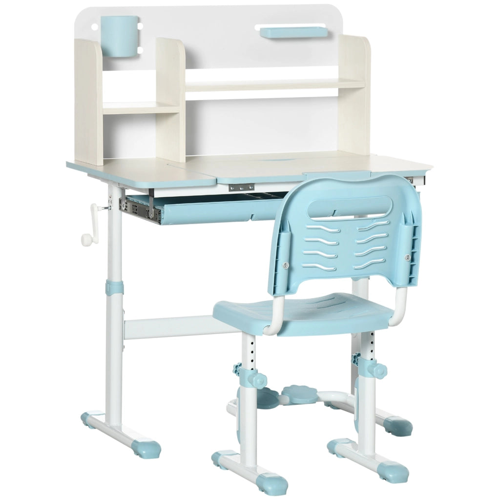 Set Scrivania e Sedia per Bambini da 3 Anni Regolabile Tavolo Inclinabile a 60° con Cassetto e Ripiani in PP e Acciaio