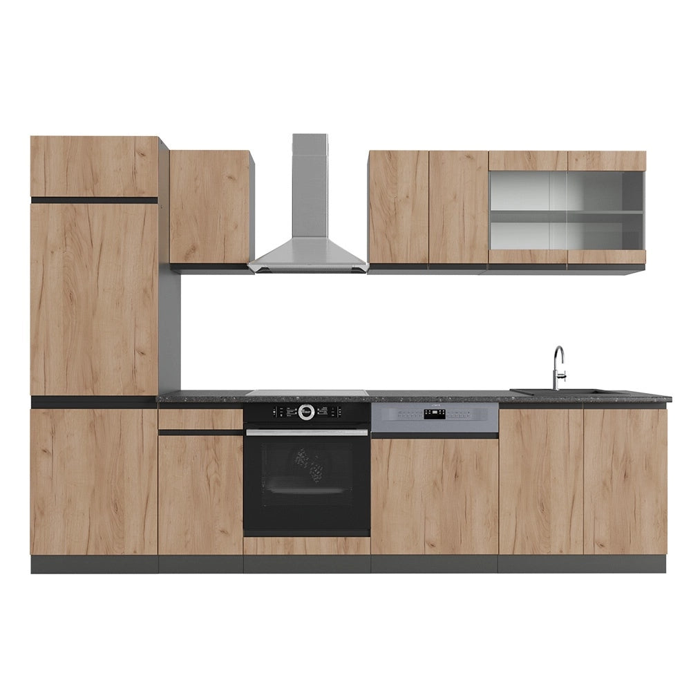 Cucina componibile R-Line Rovere dorato/Antracite 300 cm Forma a J Vicco