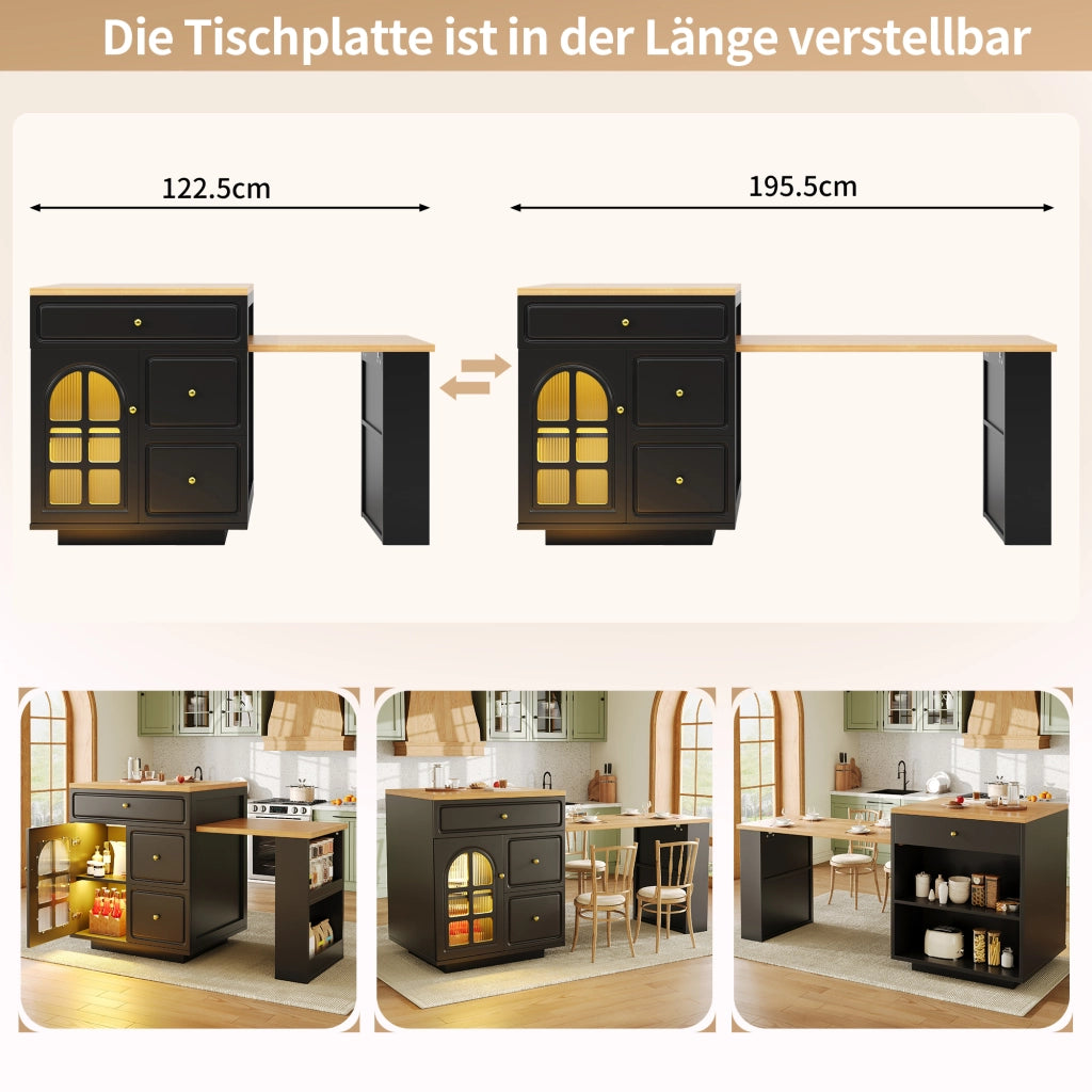 ISOLA CUCINA ESTRAIBILE 122,5-195,5 cm MDF NERO con LED RGB