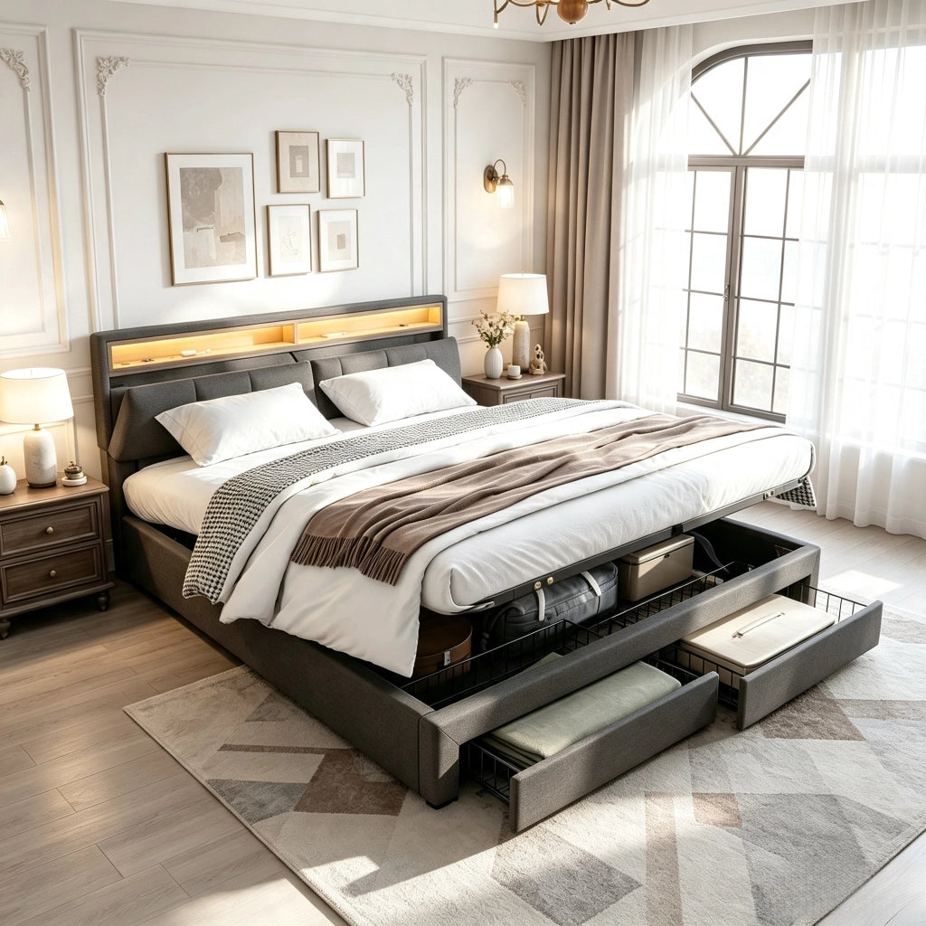 Letto matrimoniale contenitore 180x200 cm con testiera imbottita LED e porta USB struttura letto con cassetti e rete a doghe in lino-grigio