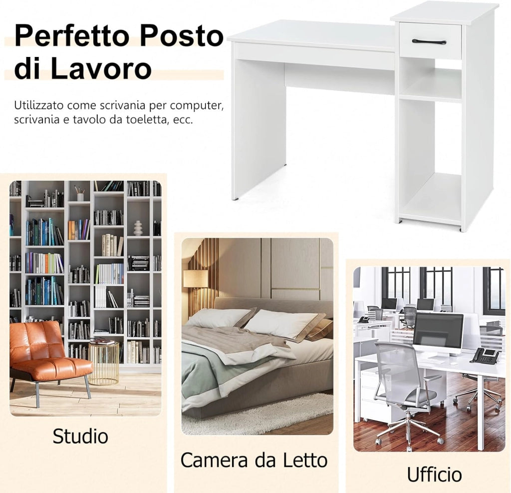 Scrivania con Cassetto, Scrivania da Computer, Tavolo da ufficio, 104 x 50 x 82cm (Bianco)