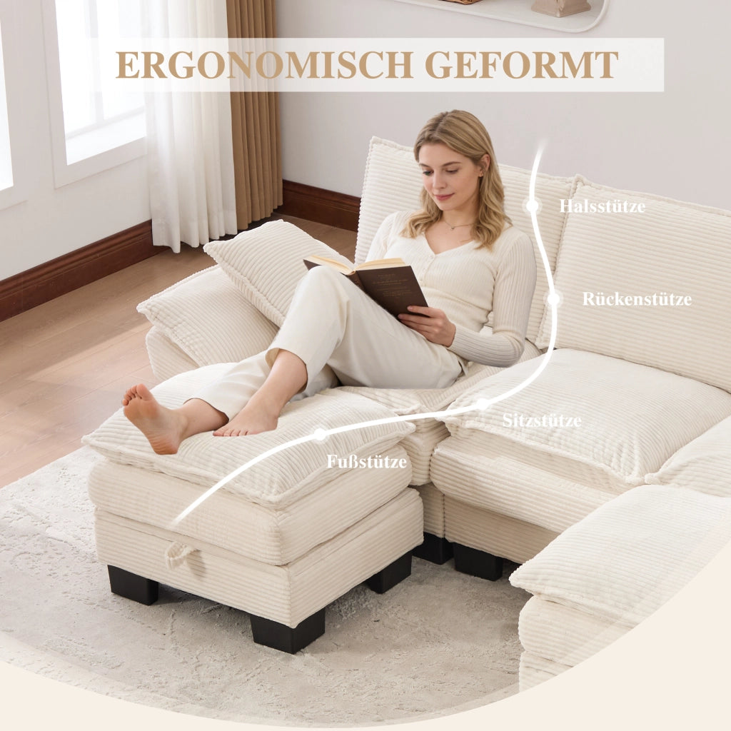 Divano modulare a 3 posti in velluto a coste con pouf porta USB-C tasche laterali e cuscini in schiuma beige