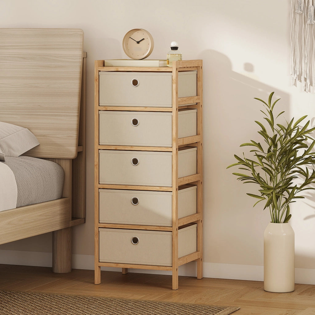 Cassettiera con 5 cassetti in tessuto struttura bamb¨´ ¨C zephmum ¨C crema e naturale 60x40x