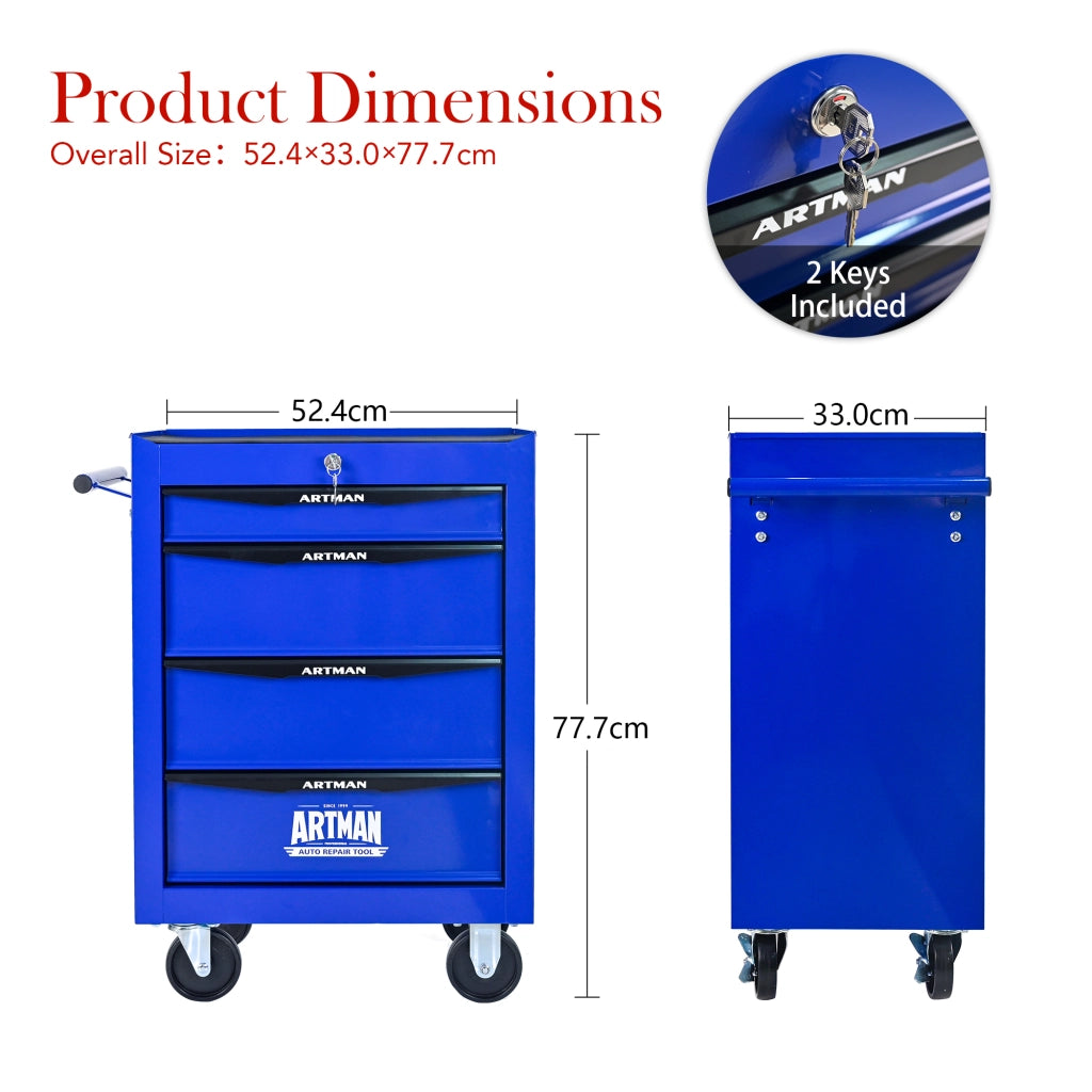 Cassettiera con ruote in acciaio con 4 cassetti e guide a sfere per garage e officina nero blu 60 × 33 × 77,5 cm