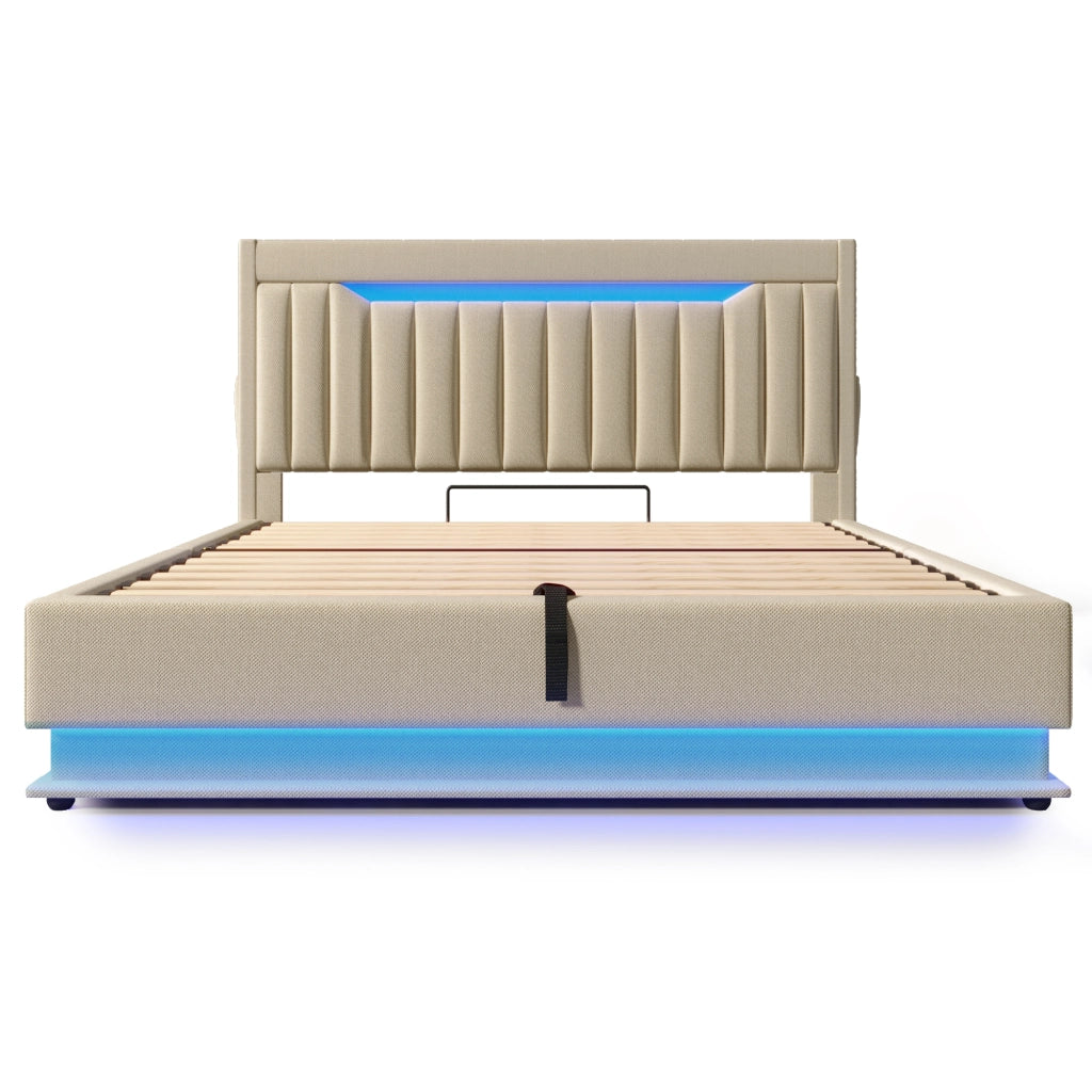 Letti contenitori 140x190 cm con LED e ricarica; lino; beige (Senza materasso)