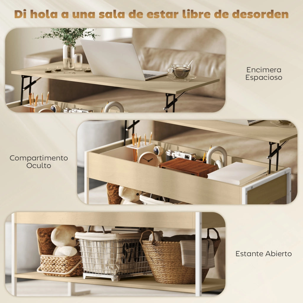 Tavolino da caff¨¨ con cerniera soft close e ripiano aperto ¨C zephmum ¨C 95x40x59 cm naturale e bianco