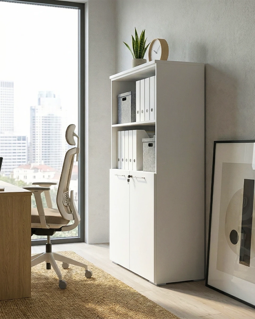 Armadio ufficio Kansas - Mobile archivio 2 ante con serratura - 3 mensole incluse - L. 90 x H. 160 x P. 42,5 cm – Bianco_