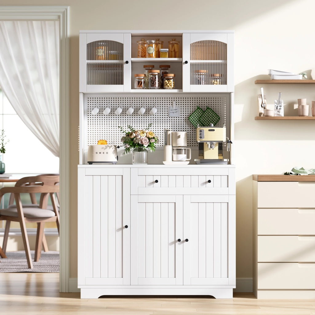 Credenza alta con vetrina e ripiani regolabili per cucina in truciolare bianco 103,5 × 40 × 180 cm