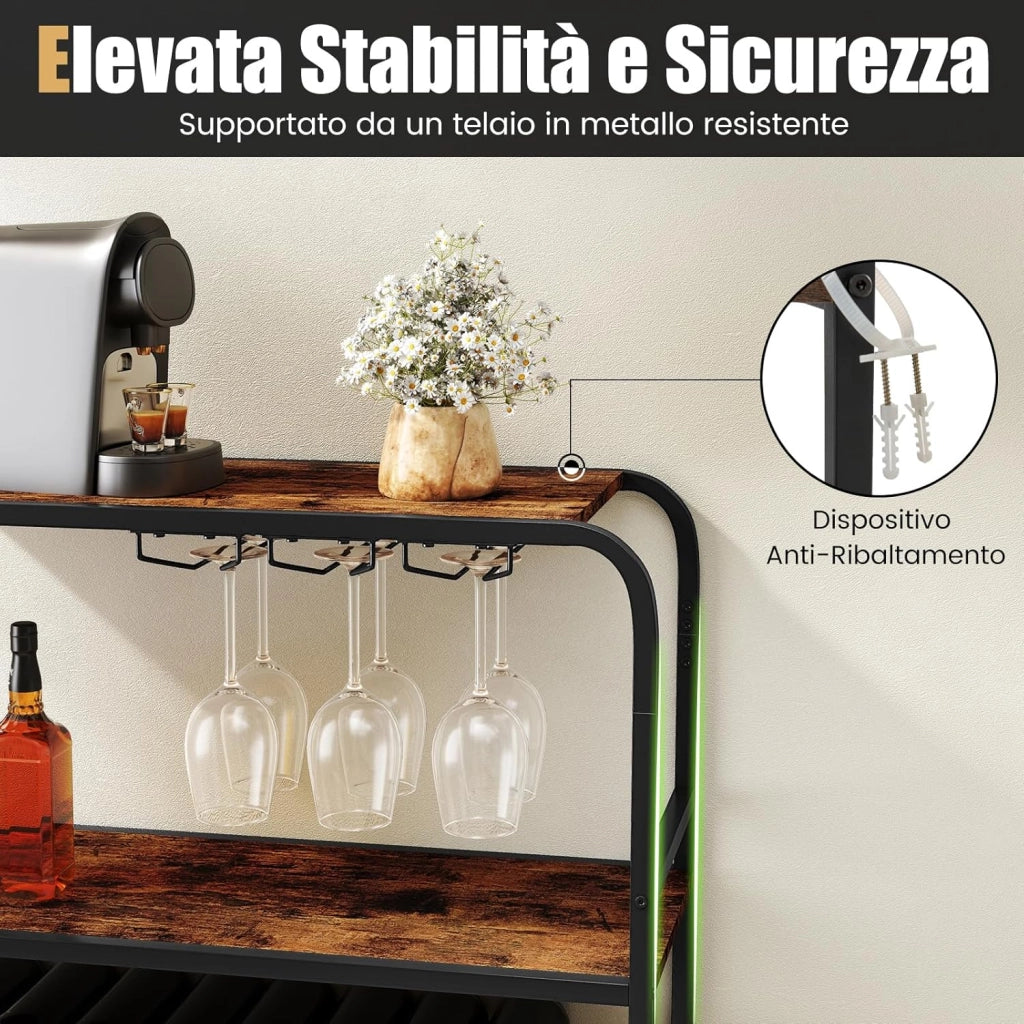 Scaffale per bottiglie a 5 ripiani, autoportante per 16 bottiglie, portabottiglie con supporto in vetro, 3 ripiani in legno e telaio in metallo, portabottiglie per vino, cucina, bar, soggiorno