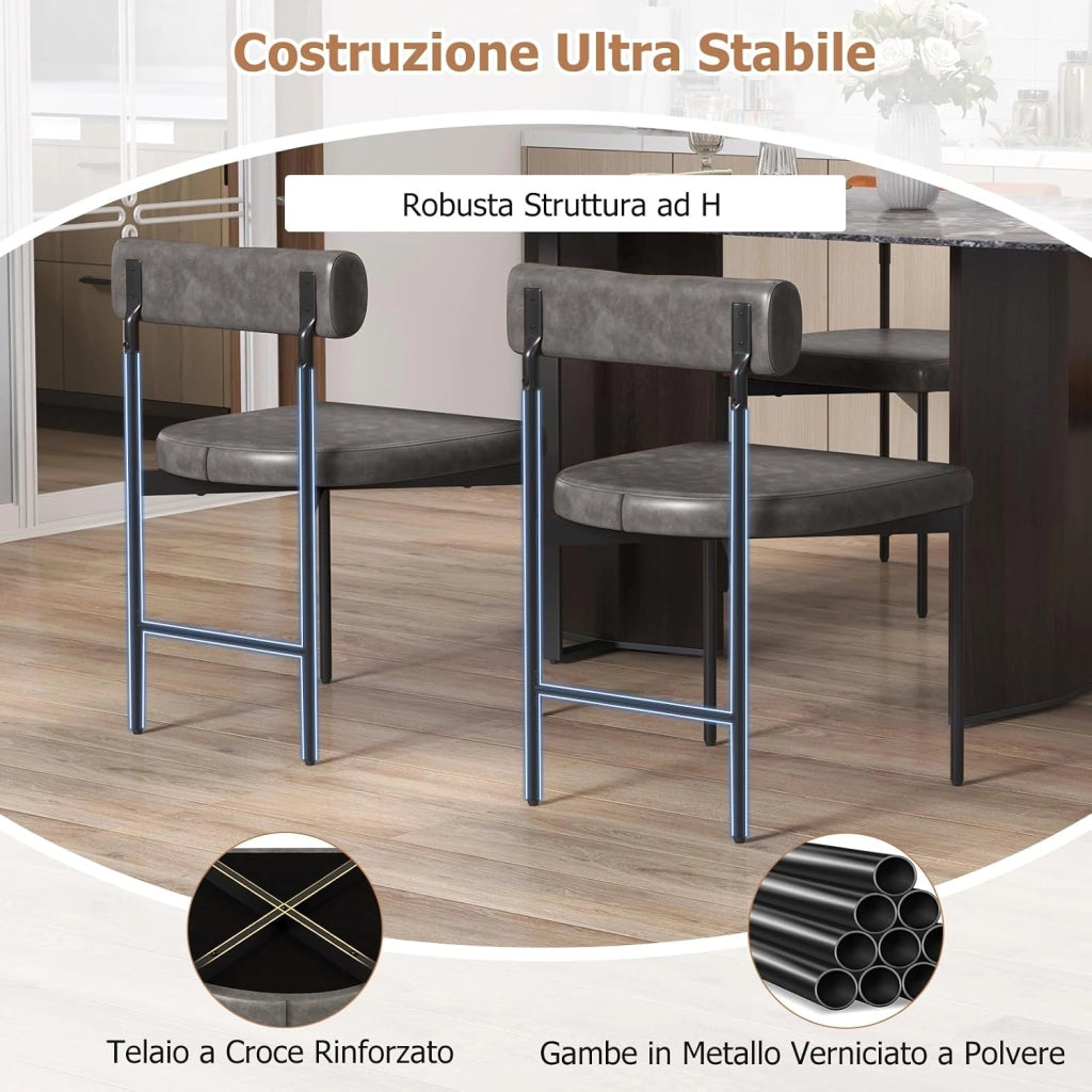 Set di 2 Sedie per Sala Pranzo con Schienale e Seduta Imbottita in Ecopelle, Sedia per Cucina con Gambe in Metallo, Sedia Moderna Comfortevole per Soggiorno, Capacità di 180 kg, Grigio