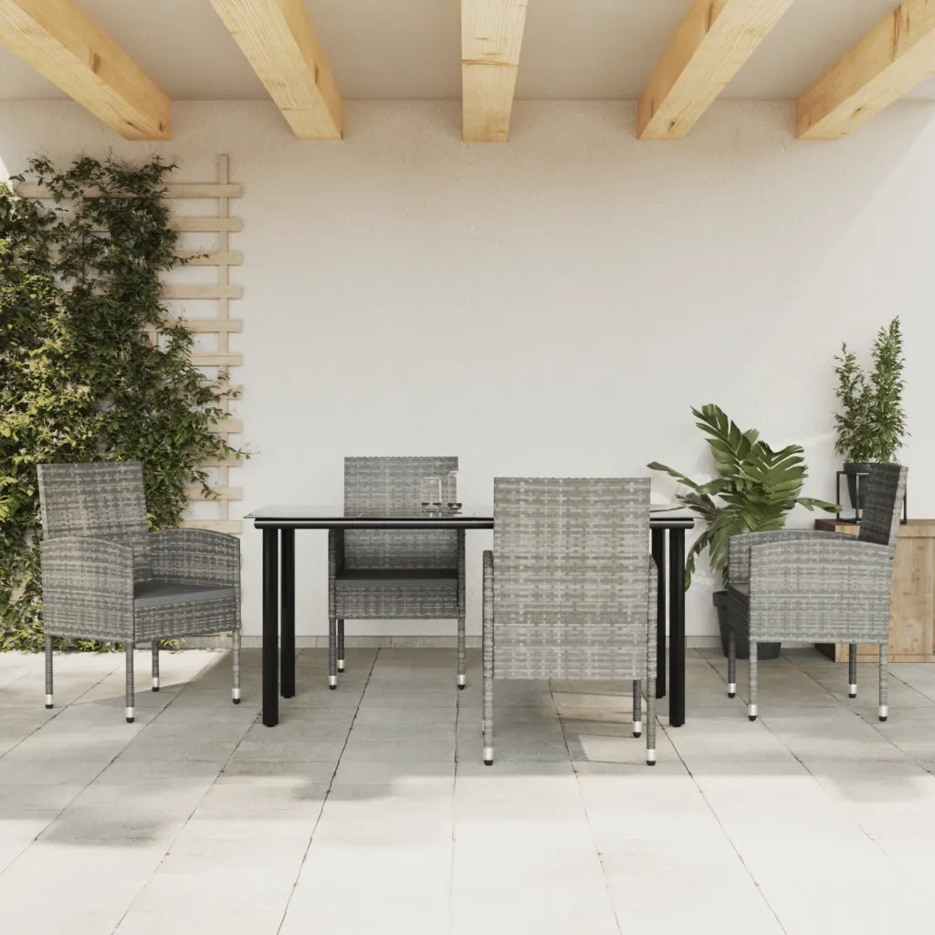Set da Pranzo da Giardino 5 pz Nero Grigio Polyrattan e Acciaio