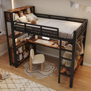Letto a soppalco 90x200 cm nero con scrivania e ripiani