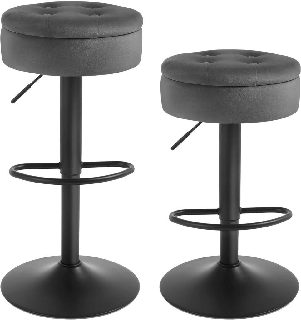 Set di 2 Sgabelli da Cucina, Sgabelli da Bar Alti con Spazio Contenitivo, Sedia Regolabili in Altezza e Girevoli a 360°, per Cucina Sala da Pranzo Bar Bancone, Velluto, Metallo, Grigio Scuro