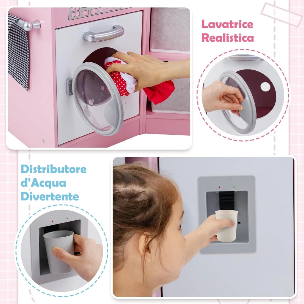 Cucina Giocattolo per Bambini, Set Cucina in Legno con Accessori, Luci e Suoni, Cappa, Fornelli, Microonde e Lavatrice, per Bambini 3+ Anni, 102 x 51 x 85 cm (Rosa)