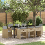 Set da Pranzo da Giardino 9 Pezzi con Cuscini Polyrattan Beige