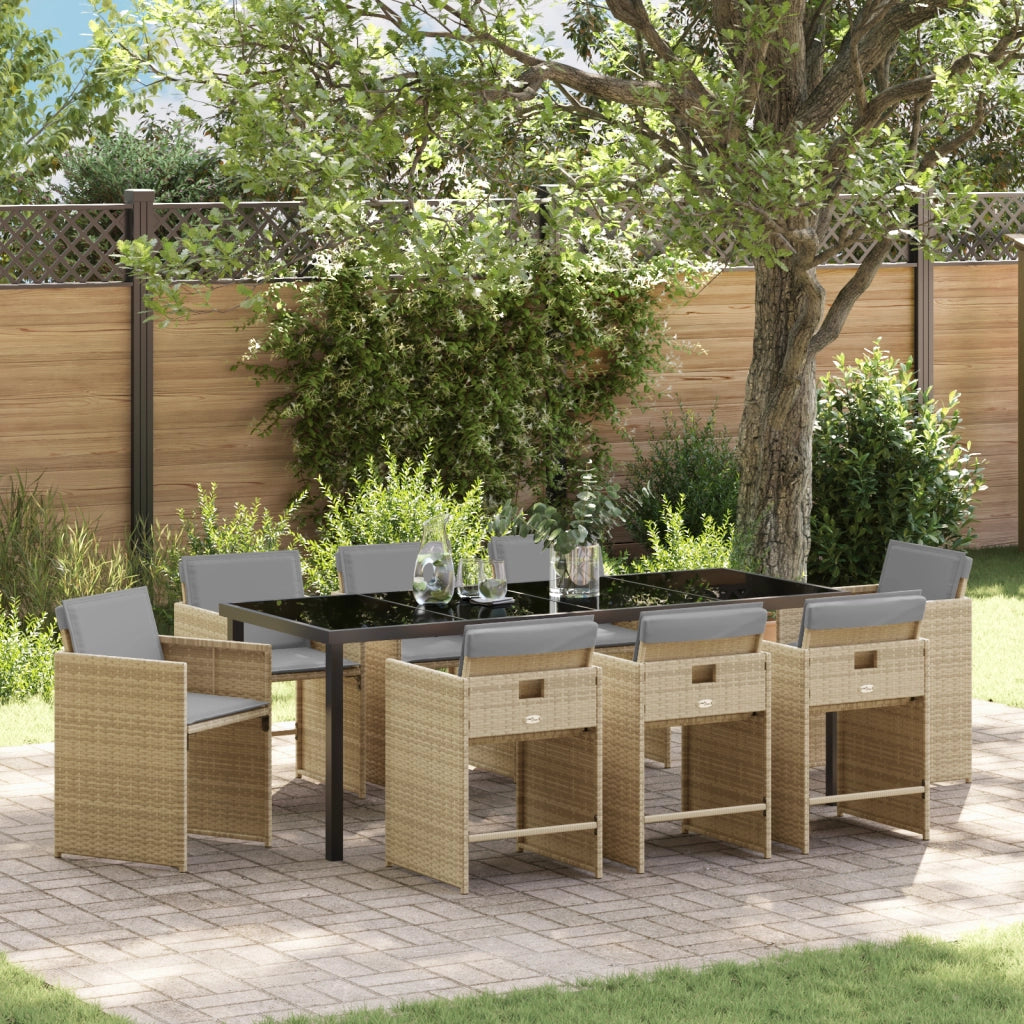 Set da Pranzo da Giardino 9 Pezzi con Cuscini Polyrattan Beige
