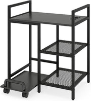 Tavolo per stampante con prese, tavolino ausiliario a 3 livelli con ripiano mobile con ruote, 63,5 x 40 x 72 cm, supporto per stampante per ufficio, camera da letto, soggiorno (nero)