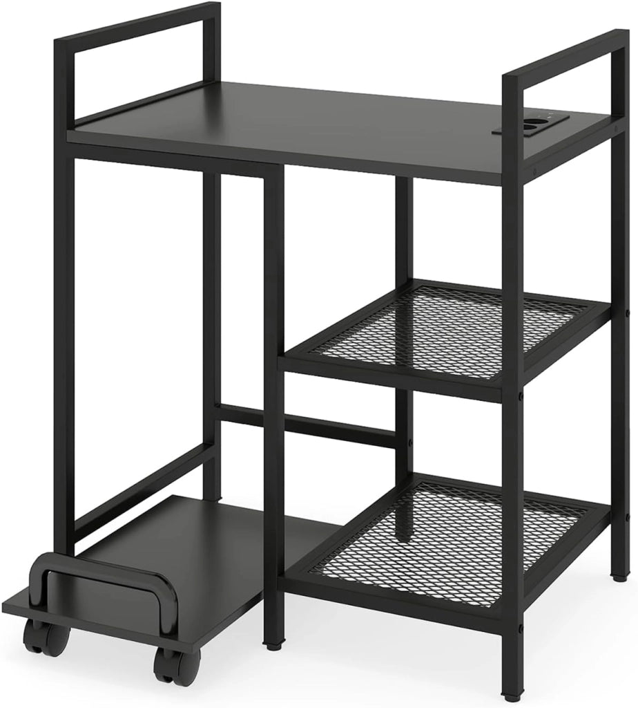 Tavolo per stampante con prese, tavolino ausiliario a 3 livelli con ripiano mobile con ruote, 63,5 x 40 x 72 cm, supporto per stampante per ufficio, camera da letto, soggiorno (nero)