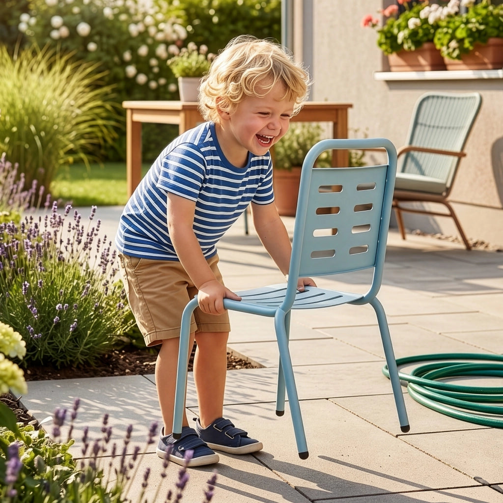 Set di 4 Mobili Etroubles per Bambini Tavolino Panca e 2 Sedie per Esterno e Interno - Giallo/Celeste/Pesca casa.pro