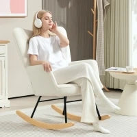 Poltrona Dondolo in Tessuto con Braccioli, Poltrona Ergonomica con Scivoli in Legno, per Soggiorno, Camera da Letto, Bianco