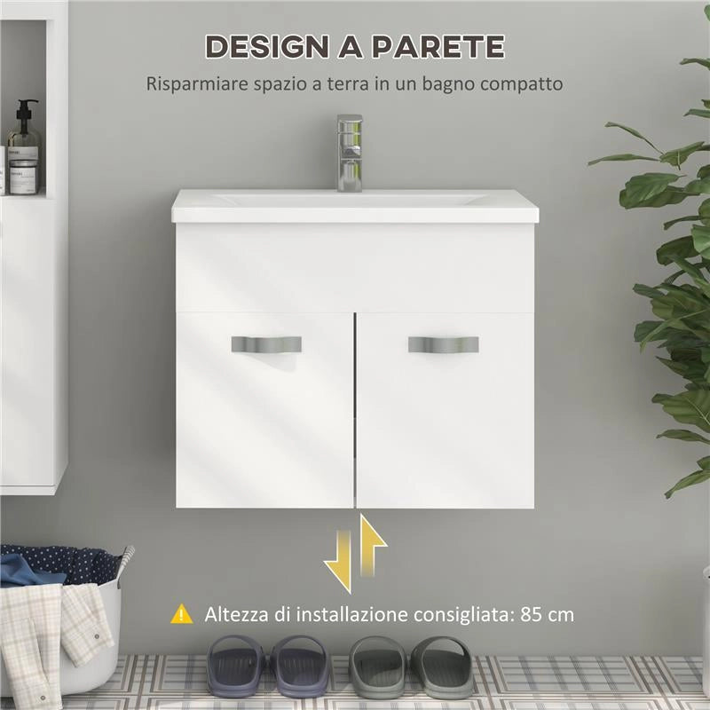 MOBILE BAGNO SOSPESO CON LAVABO ARMADIETTO A 2 ANTE CON CERNIERE AMMORTIZZATE 61X40X50 CM BIANCO LUCIDO