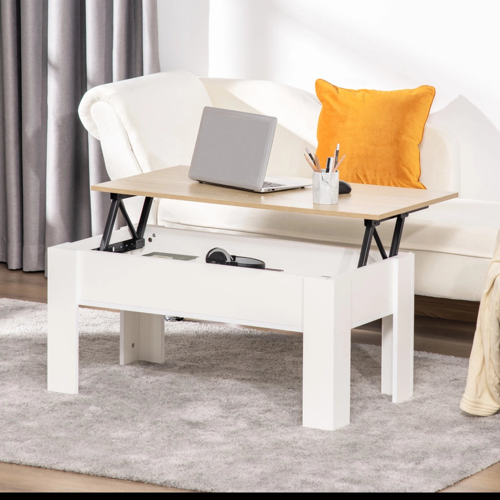 Tavolino da caff¨¨ elevabile con piano elevabile e spazio di stoccaggio nascosto ¨C Minimal ¨C 100x50x45-58,5 cm bianco e naturale