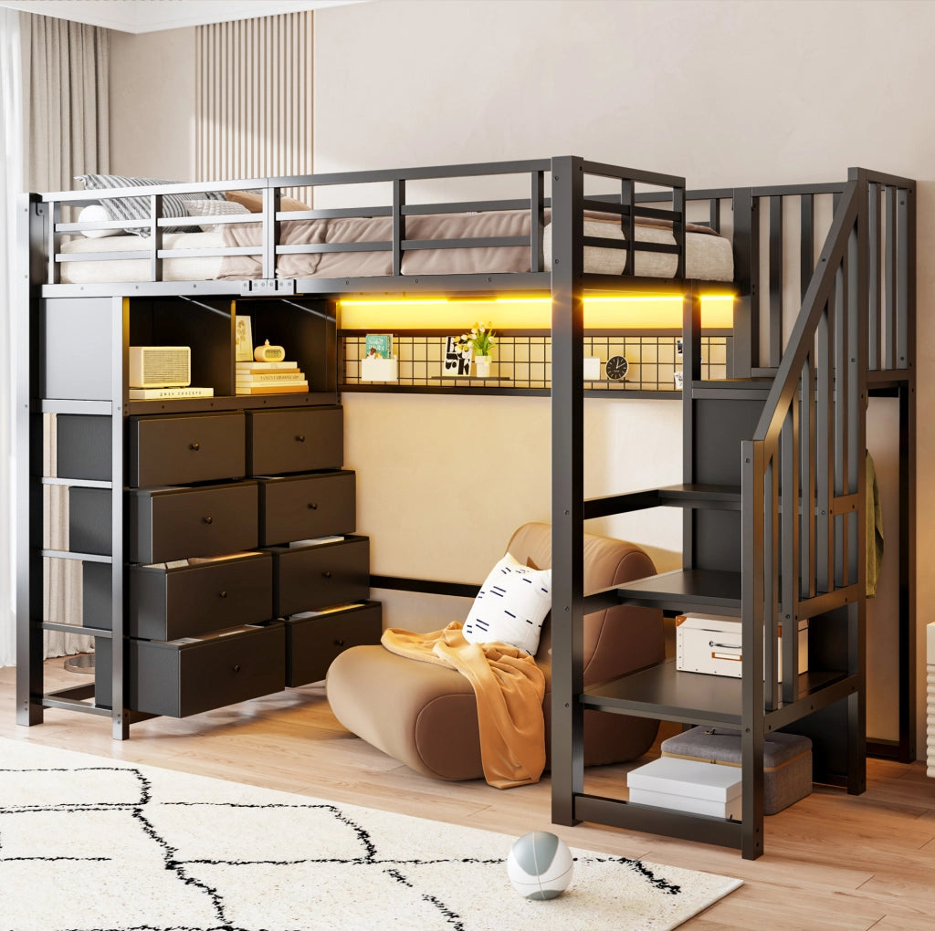 Letto a soppalco 90x200 cm con 8 cassetti, LED e scala con armadio nero