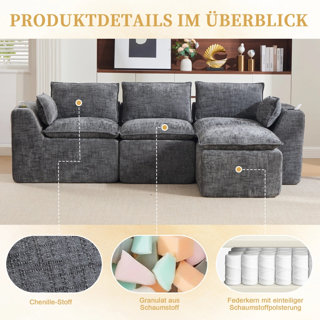 Divano modulare a 3 posti con tasche laterali cuscini e molle in ciniglia grigio scuro 256 × 161 × 75 cm