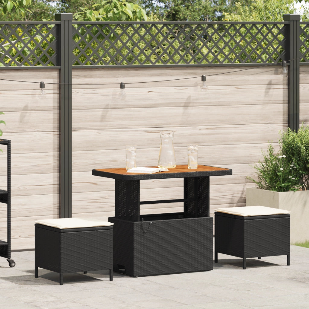 Set da pranzo da giardino 3 pezzi con cuscini in polirattan nero e acacia