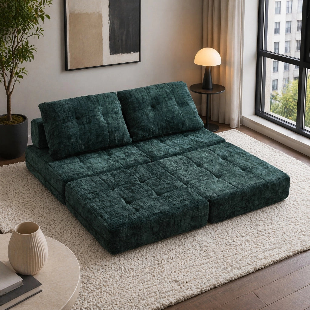 Sofà letto pieghevole in chenille verde smeraldo 79x79x57 cm; con cuscini