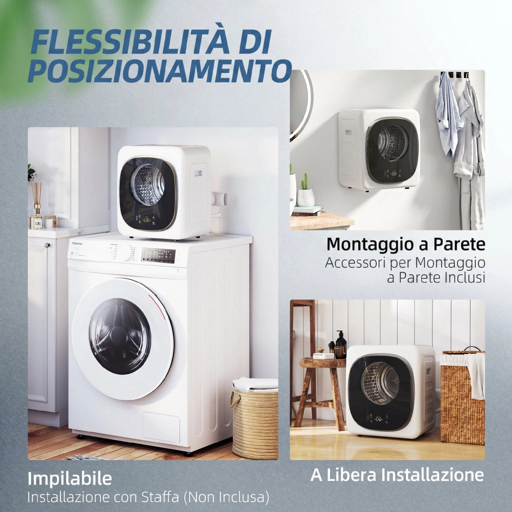 Mini Asciugatrice Portatile 48x43x57 cm Capienza 4 kg 5 Programmi 800W Fino 60℃ Timer Tamburo in Acciaio Inox Bianco