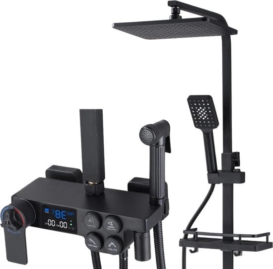 Set di doccia con doccia a pioggia - Set di doccia - Docce a pioggia - Doccia a pioggia con rubinetto termostatico - Quadrato - Regolabile - Display temperatura - Rotativo 360° - Nero lucido