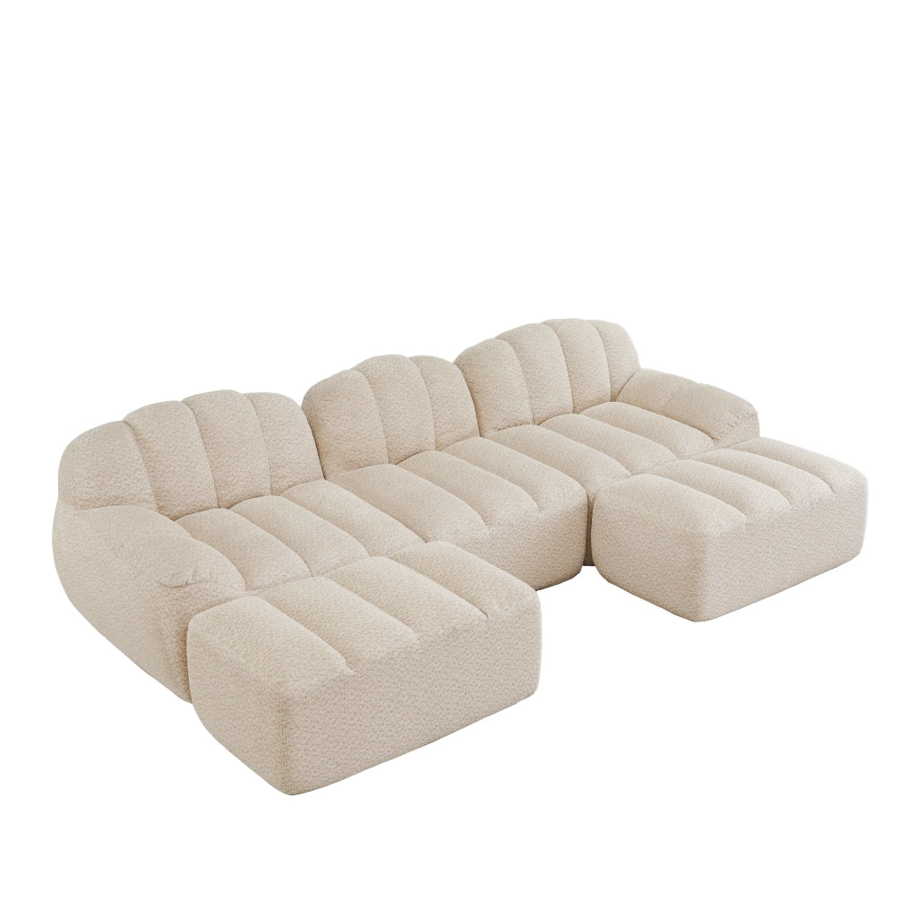 Divano modulare a U senza struttura con 2 ottomani e seduta profonda in pile granulare beige bianco