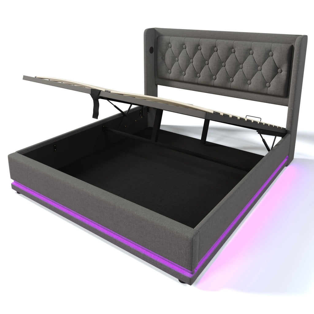 Letto matrimoniale 160x200 cm con materasso, contenitore idraulico, USB Type-C e LED a 3 lati