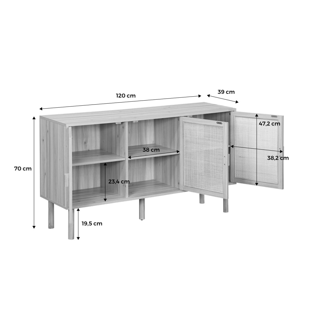 Credenza in vimini ed effetto legno a 3 ante, 120cm, marrone naturale