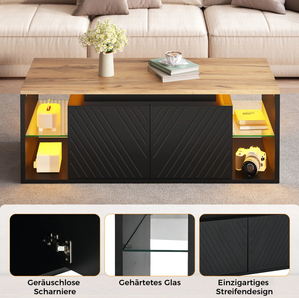 Tavolino da caffè con LED e 2 ante; 100 × 50 × 41 cm; pannello truciolare; nero