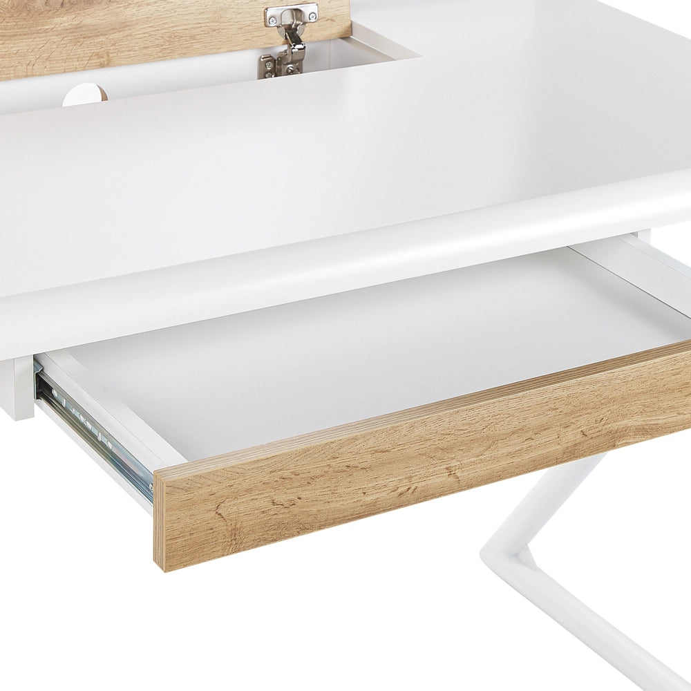 Scrivania da ufficio in MDF bianco e legno chiaro 120 x 60 cm con 1 cassetto gambe in metallo design scandinavo