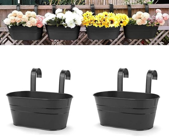 Due grandi vasi per piante appesi in metallo - vasi per piante smaltati per appendere alla parete - interni/esterni - per recinzioni, balconi, giardini, decorazione di casa - con chiodo rimovibile - adatti per recinzioni, balconi (nero)