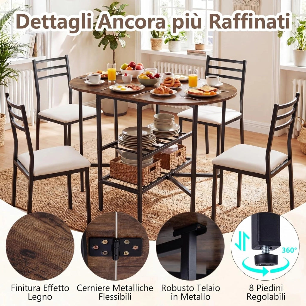 Tavolo Pieghevole per 4 Persone, Tavolo Salvaspazio da Pranzo Richiudibile con 2 Ripiani Aperti, Piedini Regolabili e Struttura in Metallo per Sala da Pranzo, Soggiorno e Ufficio (Marrone)