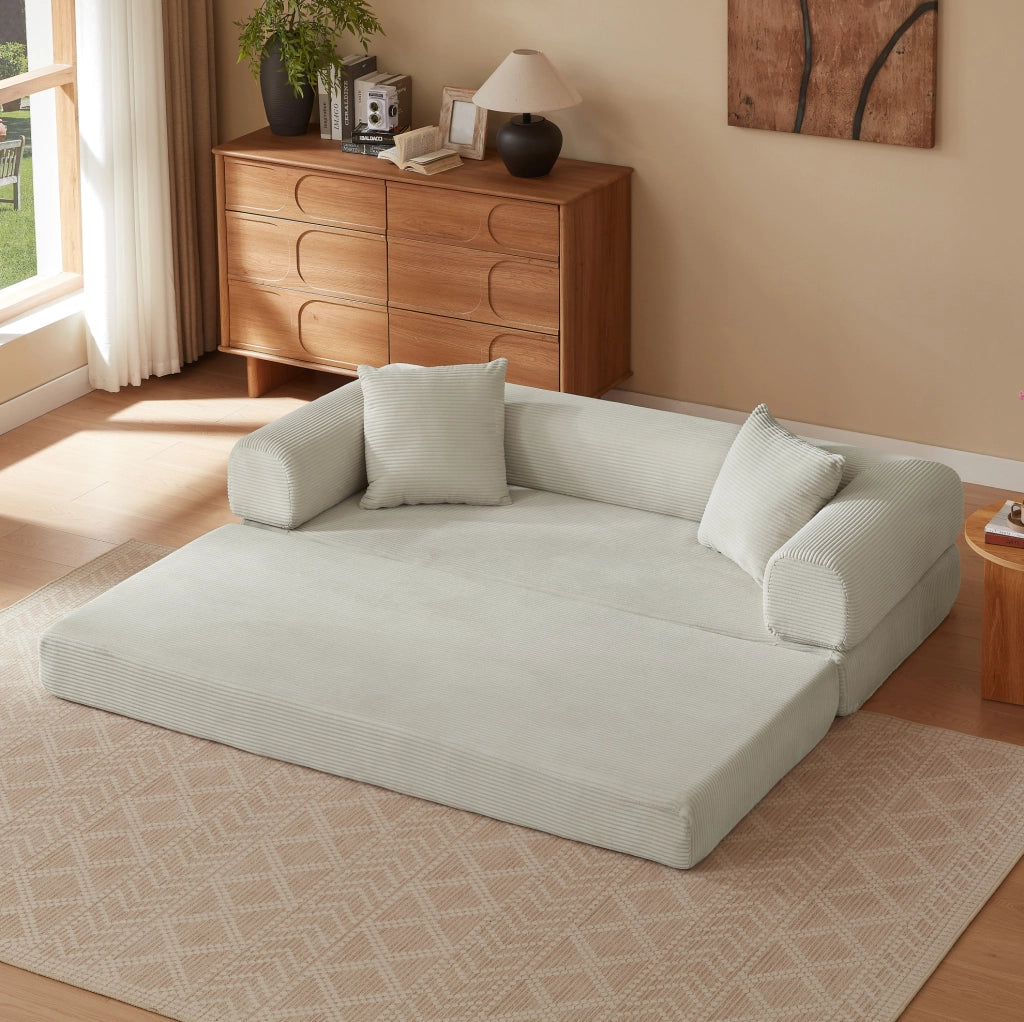 Divano letto modulare in velluto beige con imbottitura in schiuma