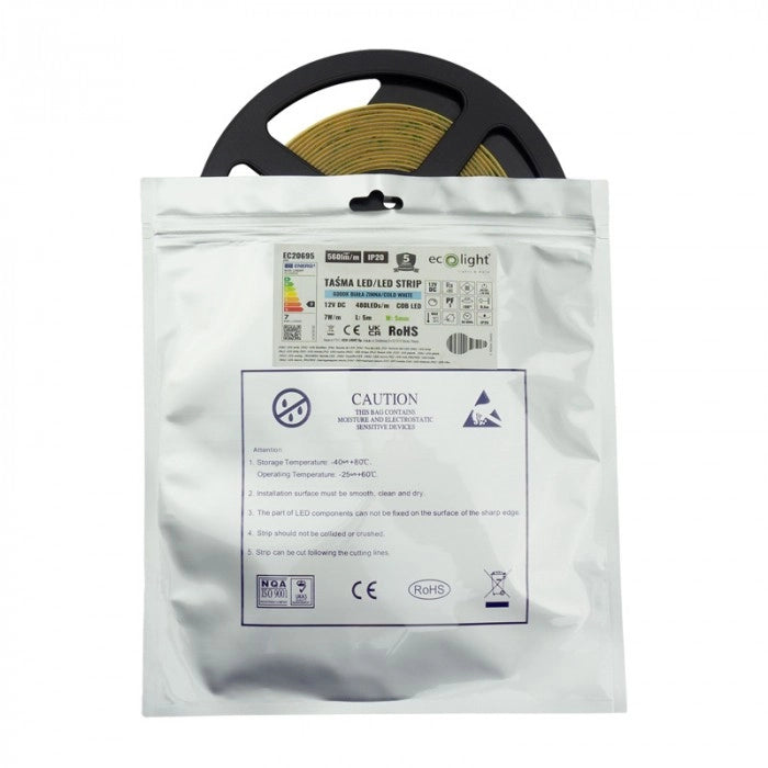 Striscia LED COB 480/m 7W/m 6000K IP20 12V 5mm 5m dimmerabile